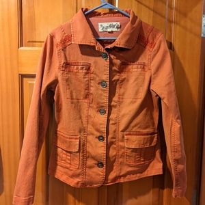 Organic cotton orange jacket shacket with embroidery, pockets, great buttons!